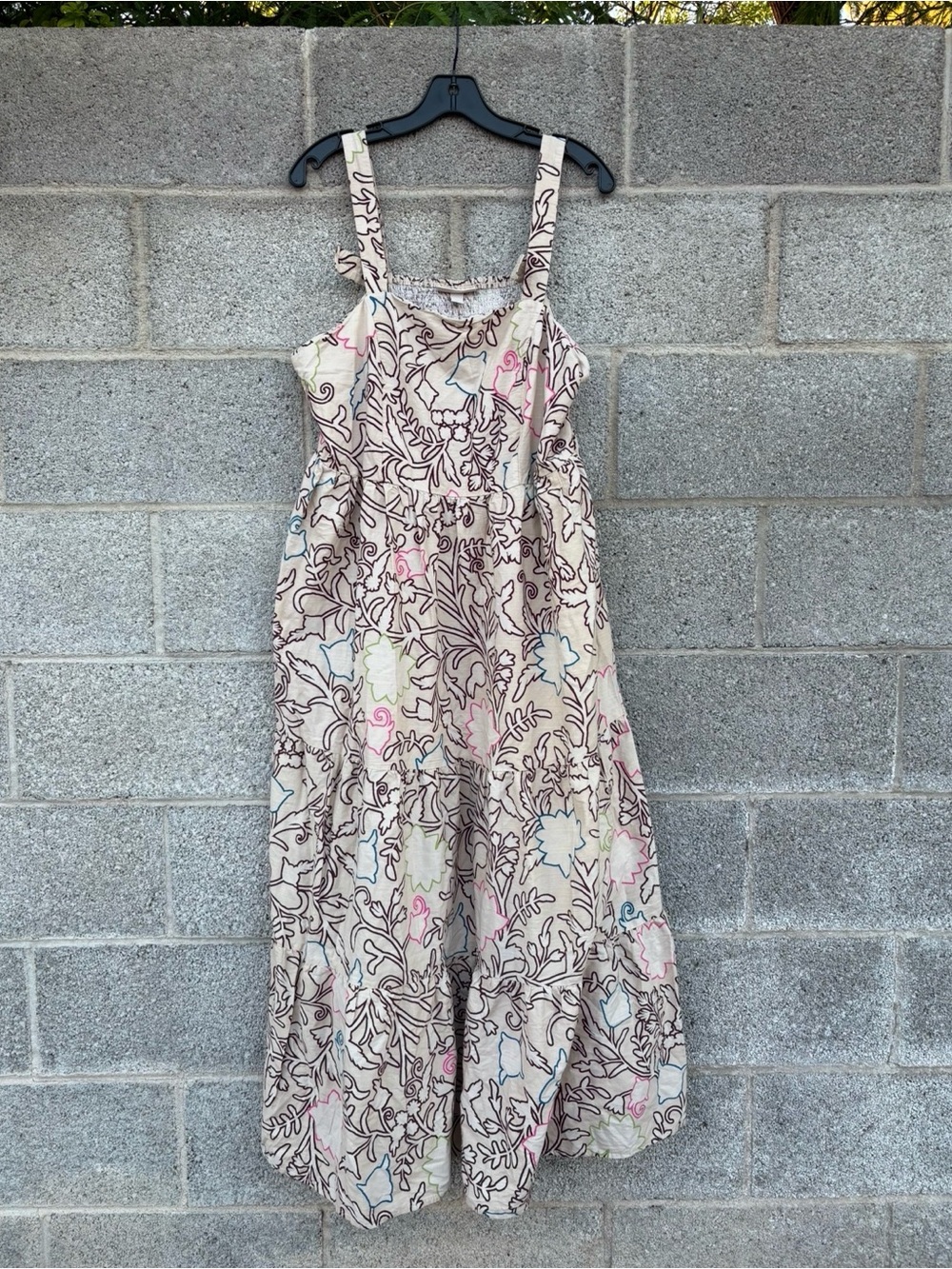 Knox Rose Maxi Dress XL Beige A-Line Sundress Boho Cottagecore Smocked Pockets